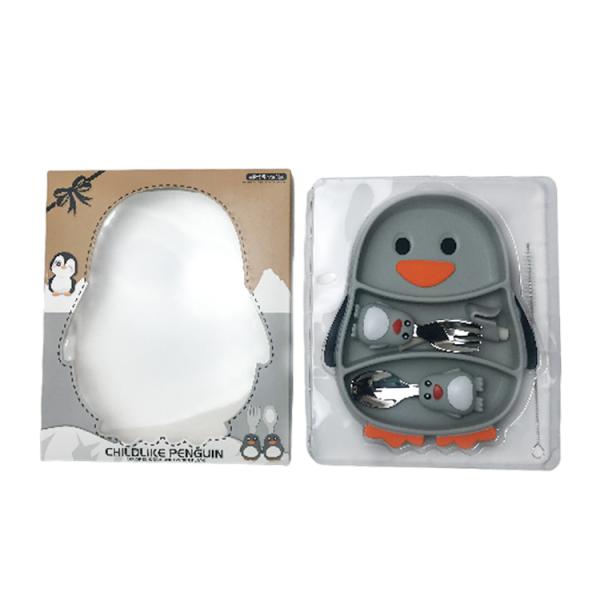OEM Silicone Baby Feeding Set Penguin Shape Food Grade With Spoon