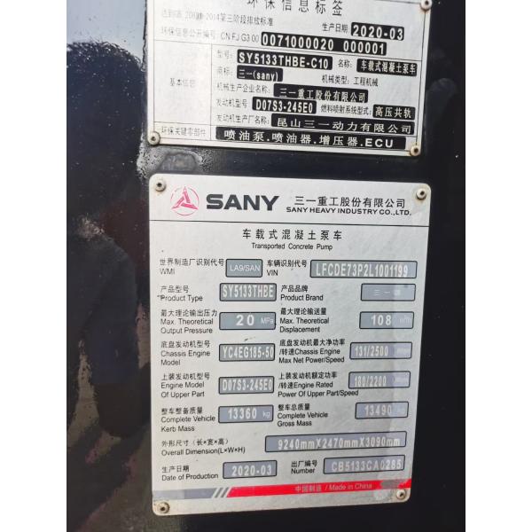 SANY Pompes de ligne montées sur camion d'occasion 108-20MPa Pompes de béton équipées de véhicules 80434CBM