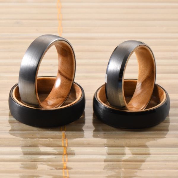 Jewelry Type Dome Style Comfort Fit Men's Wedding Ring with Olive Wood Inlay 6mm Silver or Black Tungsten Ring