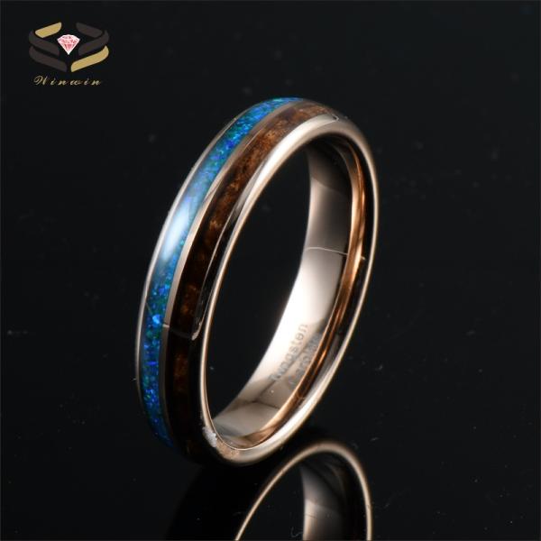 Anniversary Essential 5mm Rose Gold Women's Tungsten Ring with Wood Inlay and Opal Detail