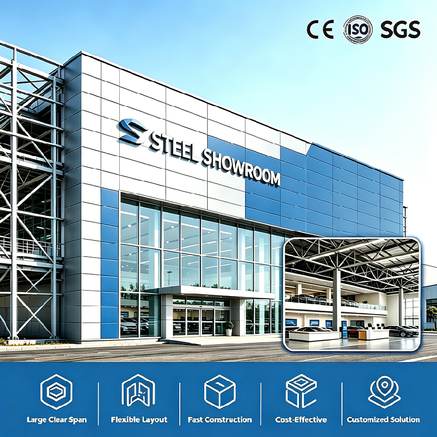 Spacious Steel Structure Building with Modern Architectural Appearance Designed for Car Showroom and Commercial Building Projects