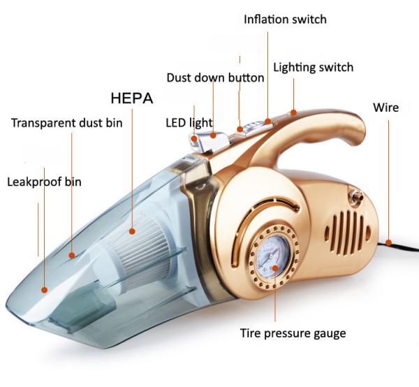 Multifunction Automotive Vacuum Cleaner With Inflator Tire Pressure Gauge Floodlight