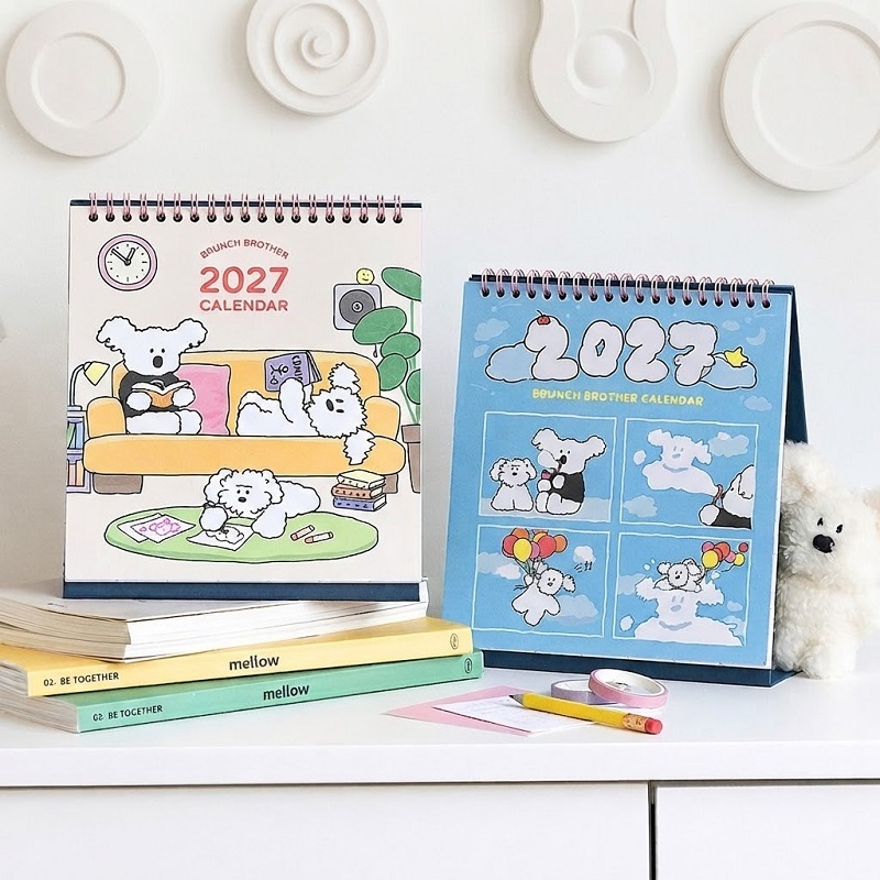 Cartoon Animal Illustrated Desktop Stand-Up Calendar With Wire-O Binding