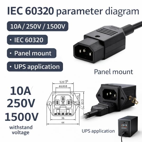 IEC 60320 AC Power Socket 10A 1500V Panel Mount for UPS Systems