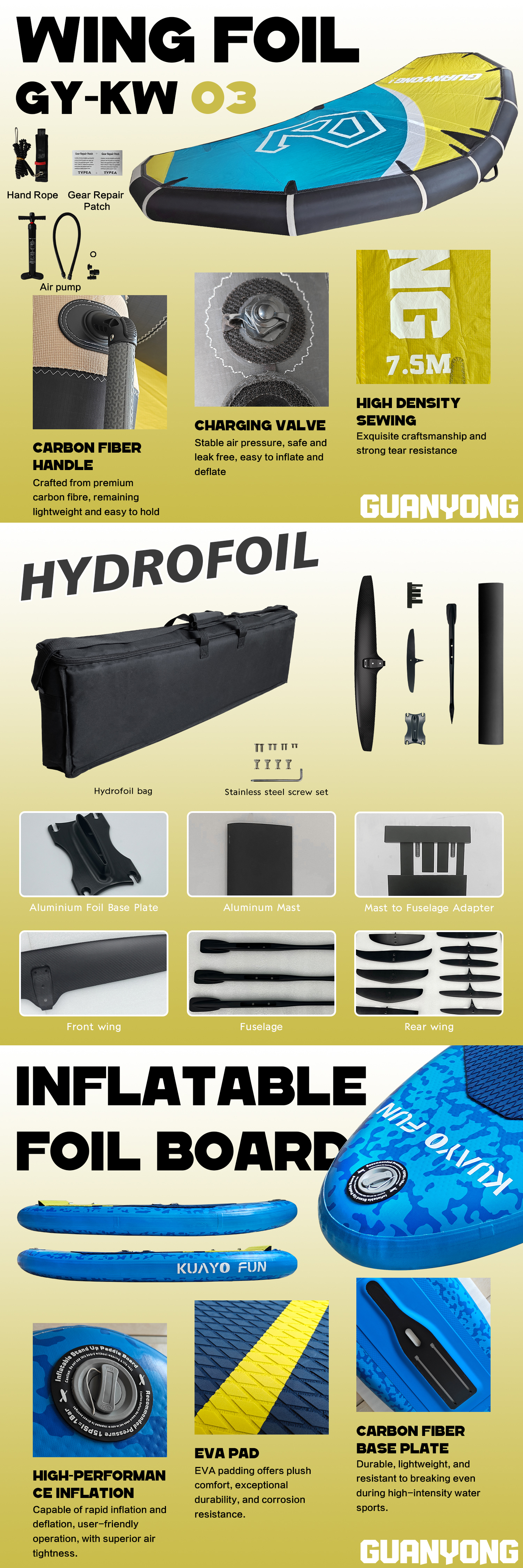 OEM ODM Wingfoil Kitesurf Wing Wind Efoil Sup Hydrofoil Inflatable PVC Surfboard Three-Piece Foil Set For Surfing