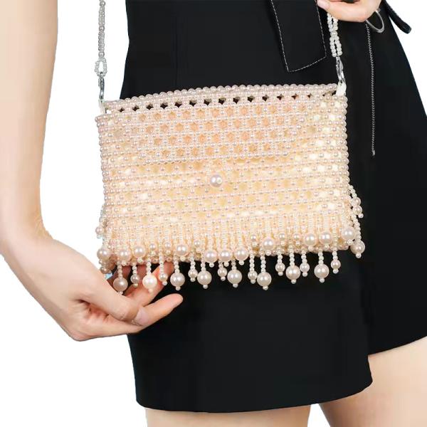 Women 6mm Pearl Hand Bags , White Woven Bead Bag Hand weaving OEM