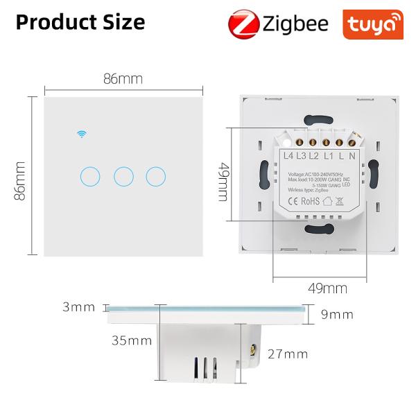 Умный переключатель Tuya Zigbee, тип 86 для стандартов ЕС/Великобритании, 4-панельная панель из закаленного стекла, работает с Google Assistant Amazon Alexa