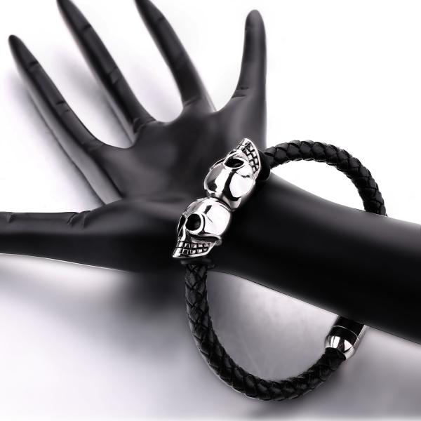 Fashion jewelry custom engraved leather bracelet stainless steel magnetic clasps leather men skull bracelet