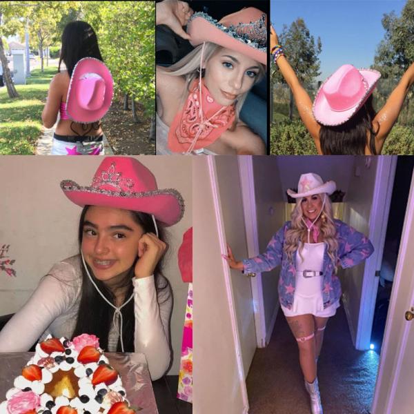Feathered Border Pink Western Cowboy Hat with Light Pink Crown and Customizable Logo