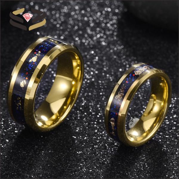 Men'S Tungsten Wedding Band Ring Gold Foil Inlayed With 8mm Galaxy Sandstone Opal