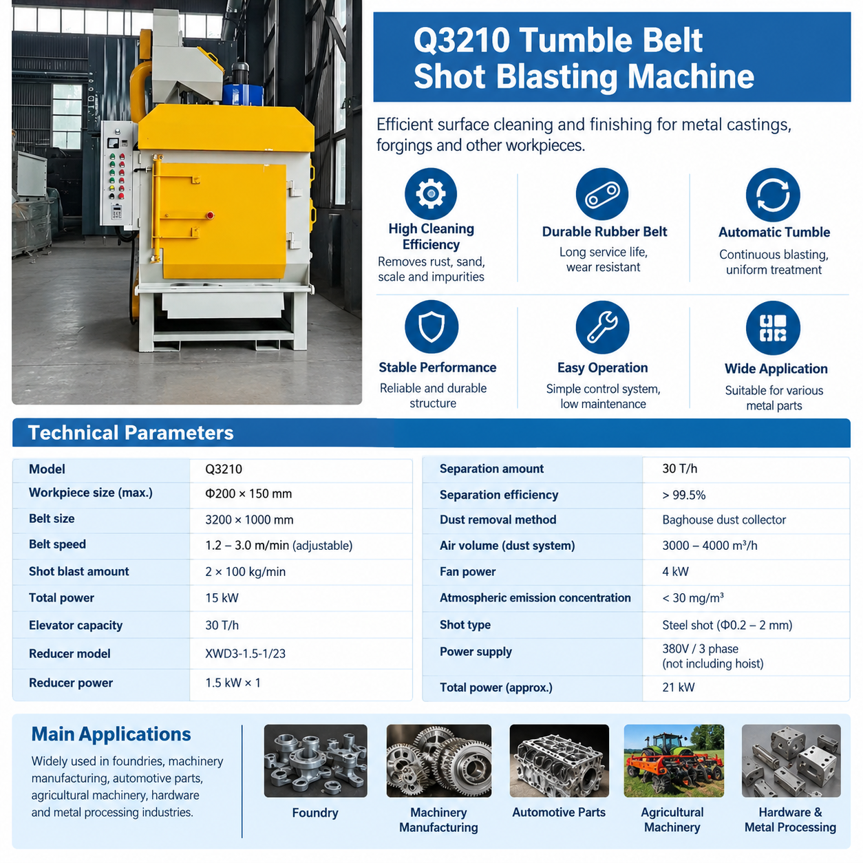 Casting Surface Cleaning Q3210 Rubber Belt Shot Blasting Machine