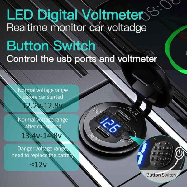 Chargeur de voiture en aluminium USB C 12V Promo avec deux ports PD3.0 et adaptateur de prise intégré