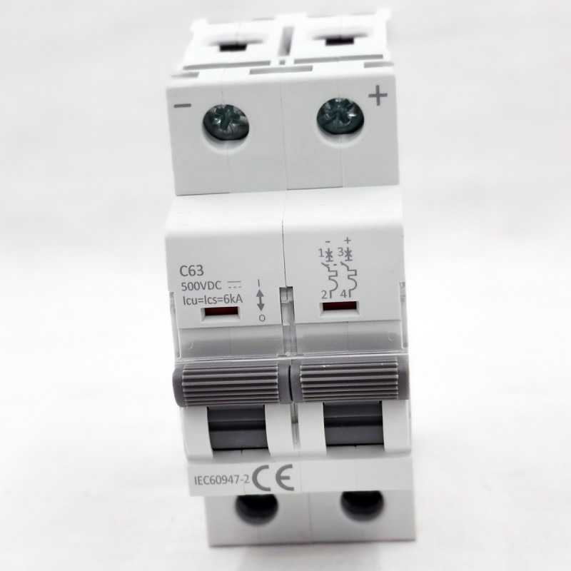 2P 500V DC Circuit Breaker 6A to 63A Curve C IP20 DC Miniature Circuit Breaker for Solar PV System