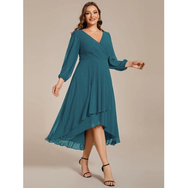 Plus Size Ruffled A-line Long Sleeve V-neck High Low Wedding Guest Navy Blue Chiffon Bridesmaid Dress