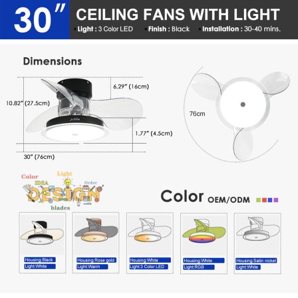 30 polegadas LED iluminação ventilador de teto 3 ABS claras lâminas Vento suave e APP Switch estilo 2-