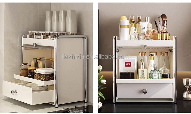 Pull-out 3 Tier Cosmetic Storage Box with Dust-proof Cabinet Door Kitchen Spice Jar Rack Coffee Capsule Drawer Desktop Organizer