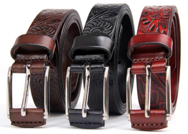 Ladies Genuine Leather Belt Floral Embossed Classic Retro Pattern Wide 2.8cm