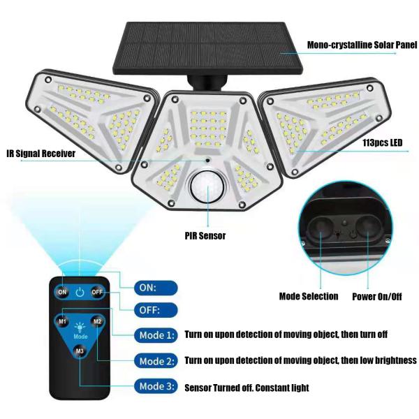 2200mAh 1.5W Dimmable LED Lights Solar 3 Head Wide Angle Outdoor 133pcs LED