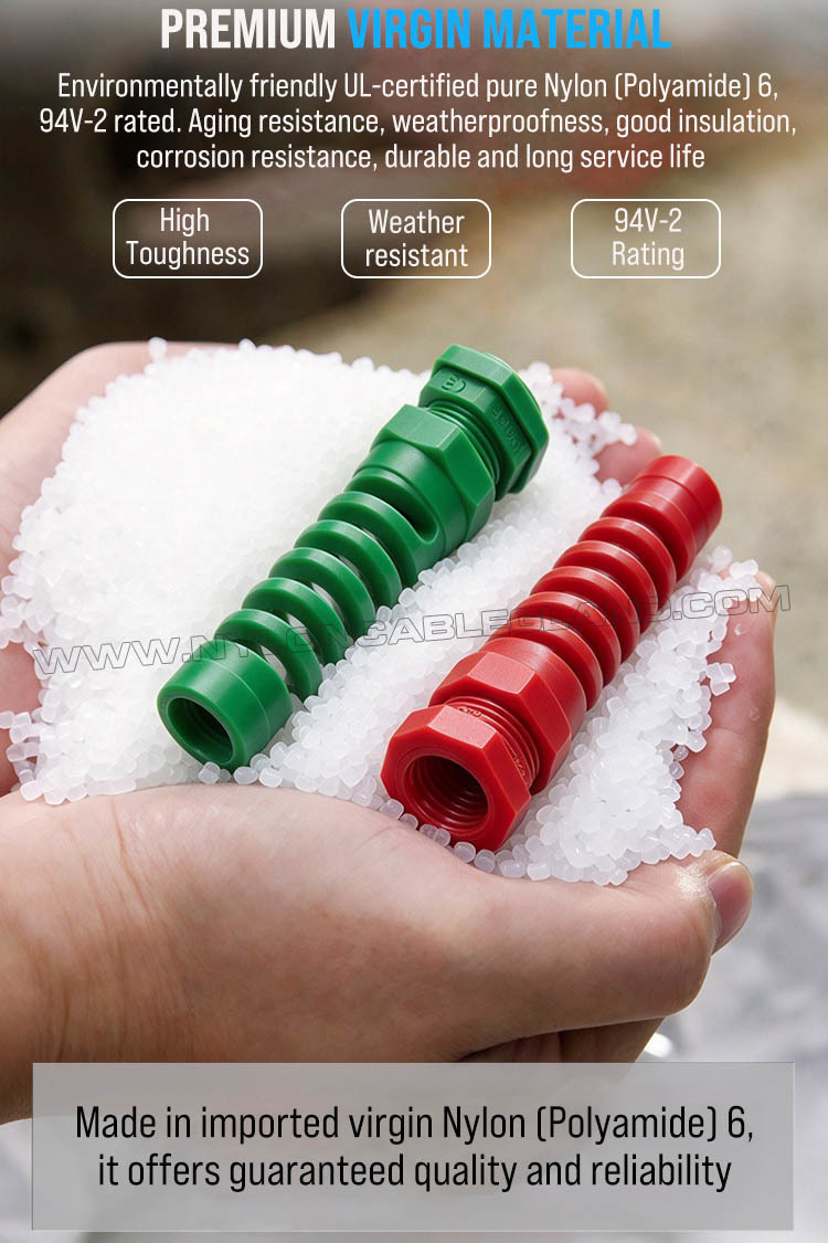 Raw material of colored helical nylon cable gland connectors Colored Strain Relief Cable Gland Nylon 6 (Polyamide 6/PA6), PG13.5 (Ø 6-12mm & 5-9mm), IP68 & IP69K, for Cable Identification & Organization