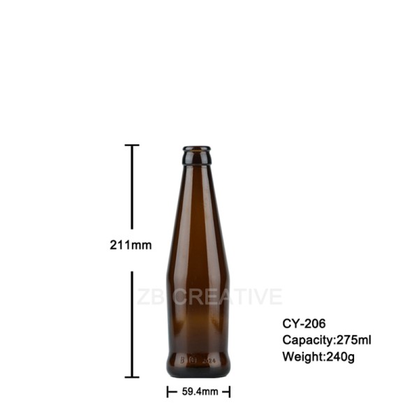 RTD Beverage Beer Bottles 275ml Amber Crown Cap Glass Container 240g CY-206