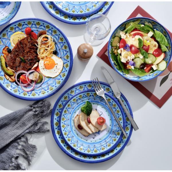 Melamine Dinnerware Set,12pcs Plates and Bowls Sets, Blue Dinnerware Sets for 4 Camping Dinnerware Dishwasher Safe BPA f