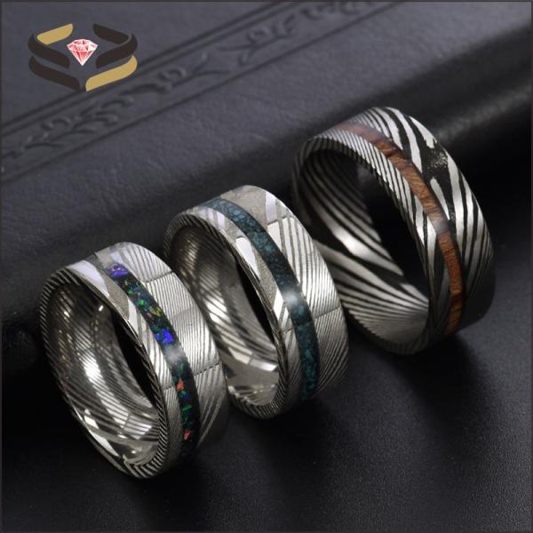 Custom Men's Damascus Steel Rings Round With Galaxy Opal Turquoise Wood Inlay