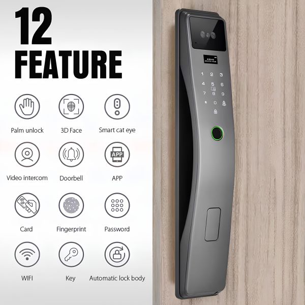 Tuya Smart Aluminum Alloy Fingerprint & 3D Face Recognition Lock with WiFi App and Key Backup