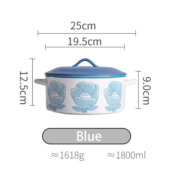 Sustainable Floral Green Ceramic Pan Soup Bowl Set with Glass Cover and Pot Cover Type