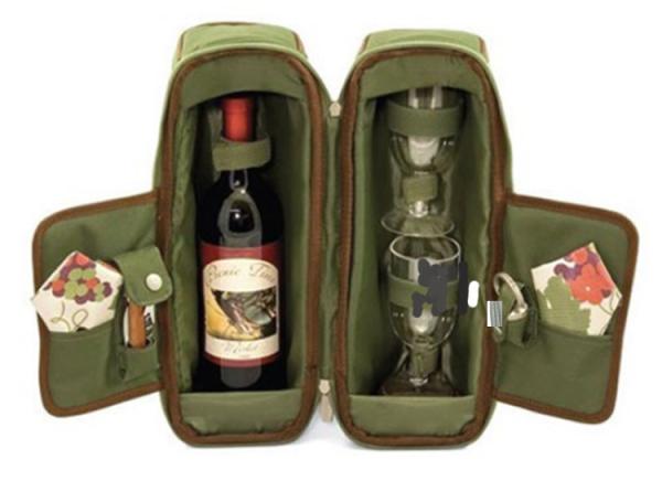 Customized wine picnic bag with strap for one wine bottle and two glass bag