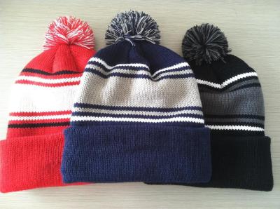 Hand Printing Lined Pom Pom Hat , Crochet Pattern Knitted Pom Pom Beanie Hat