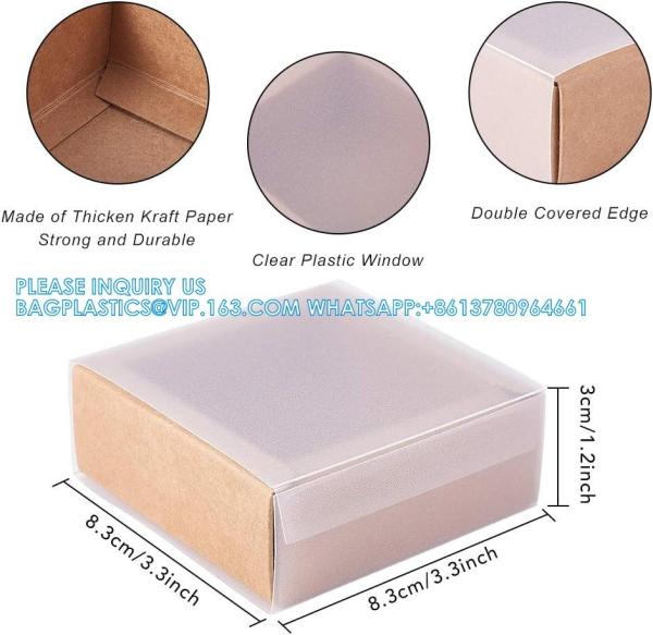 Square Brown Kraft Boxes Heavy Duty Paper Gift Box With Clear Windows 3.3x3.3x1.2 For Party Favor Treats, Bakery