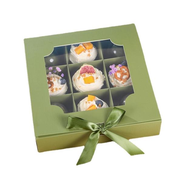 9 Grid Pastry Box With Window Premium Dessert Packaging Transparent Display Window Ribbon Closure Gift Box