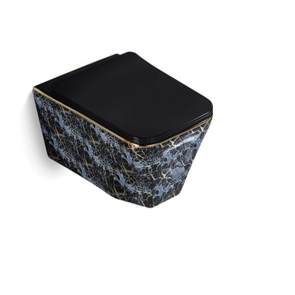 Rimless Wall Hung Toilet Water Closet with Electroplate Butterfly Black Marble Pattern Silver Line