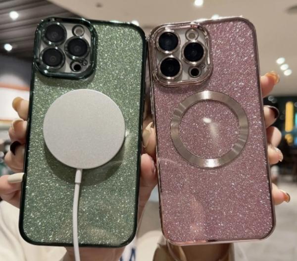 New Luxury Transparent Flash Powder Magnetic Mobile Phone Case Lens Protection For IPhone 11 12 13 14 15 PRO Max With Wireless Charging