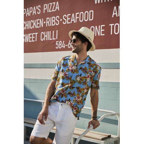 52% Linen Summer Button Up Shirts Mens Short Sleeve Hawaiian Casual Floral Shirts