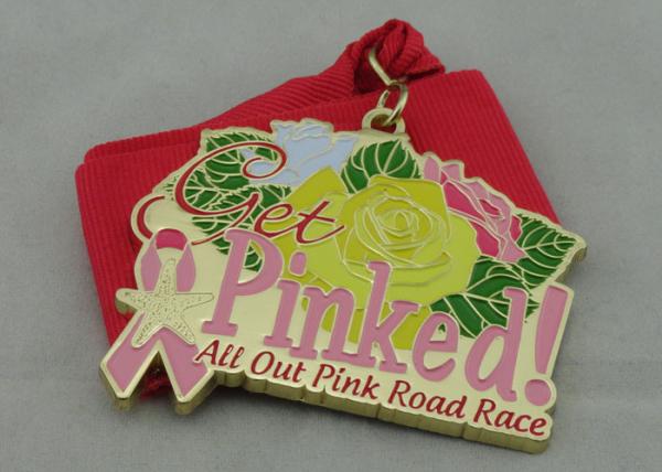 Pink Road Race Ribbon Medals 70mm Gold Plating With Soft Enamel