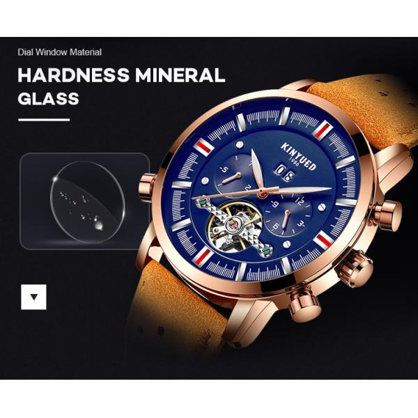 KINYUED J019-3  Private Label Gold Case Genuine Leather Auto Date Skeleton Tourbillon Automatic Mechanical Wristwatches