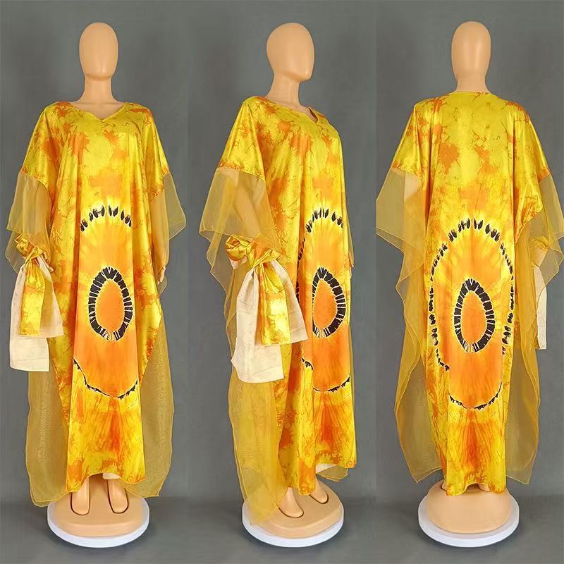 Women’s African Print Chiffon Kaftan Dress with High-Waist Design for Elegant Casual Wear