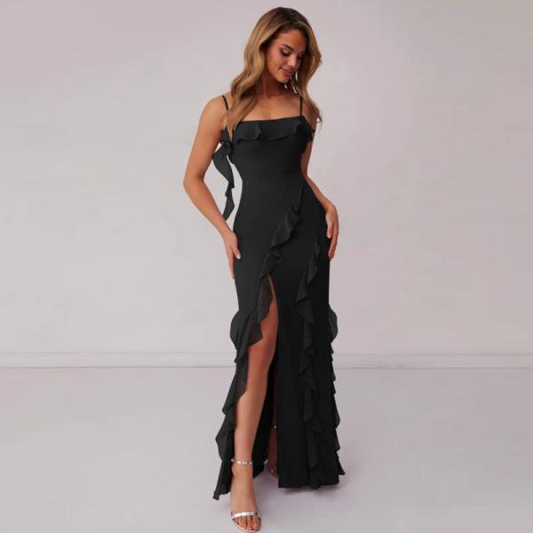 Excellent Plus Size Black Chiffon Bridesmaid Dress Sheath Spaghetti Straps Ruffles Backless Straight Front Split Slit