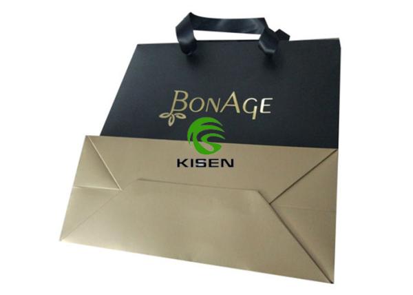 Art Coated Retail Paper Shopping Bags With Gold Stamp Gold / Black Color