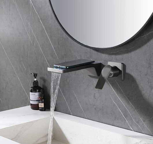 Flat Wide Waterfall Bathroom Sink Faucets Wall Mount Basin Mixer Tap Anti Fingerprint Black