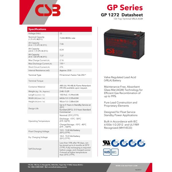 CSB GP1272 F2 12V 7.2Ah Lead Acid Battery Nominal Capacity 7.2Ah Weight 2.40kg