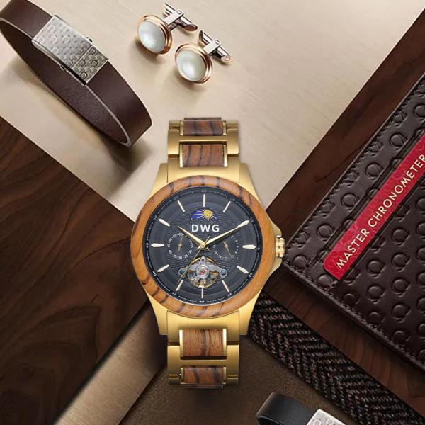 Наручные часы автоматических людей деревянного золота нержавеющей стали 18k делают водостойким