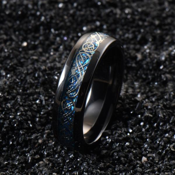 Dome Black Ceramic Wedding Band 6mm Blue Carbon Fiber And Dragon Inlayed Polished
