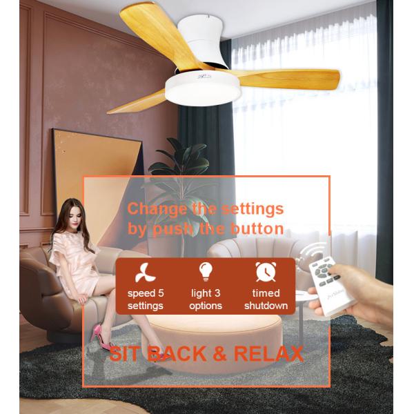 Ventilador de teto de perfil baixo com controle remoto de lâminas de madeira de 48