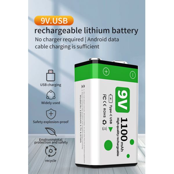1100mAh 9V Lithium Rechargeable Battery Pack USB-C For Power Tools And Home Appliances