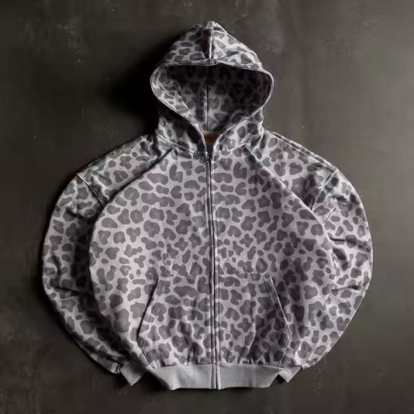 Custom Design Zipper Plus Size Boxy Cropped Leopard Print Zip up Vintage Cotton Terry Acid Wash Streetwear Hoodies for Men