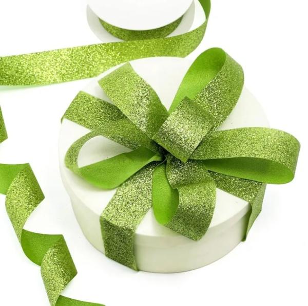 Christmas Polyester Sparkle Green Glitter Ribbon For Gift Wrapping with Customized Color