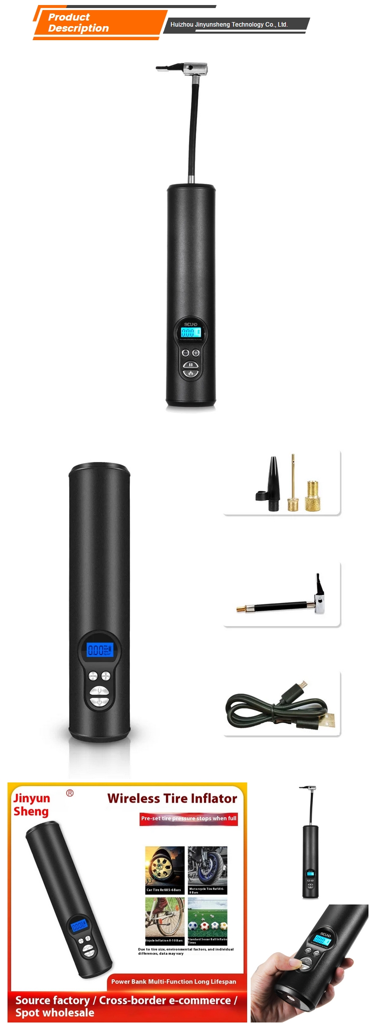 Multifunctional Portable High Quality ABS Plastic Car Air Pump Solar Charge LED Display Emergency Light Smart Wireless Inflator
