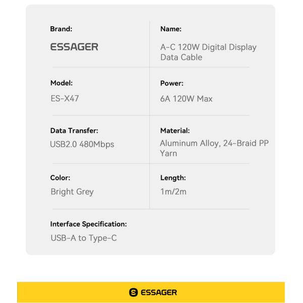 USB 2.0 Type C Charging Cable USB A To USB C 120W  ES-X47